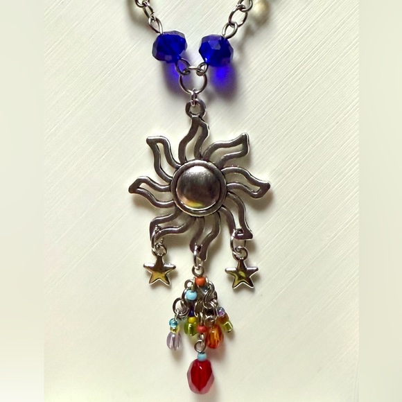 Silver Sun and Stars Charm Multicolor Beaded Necklace with Silver Pendant 18” - Picture 5 of 7